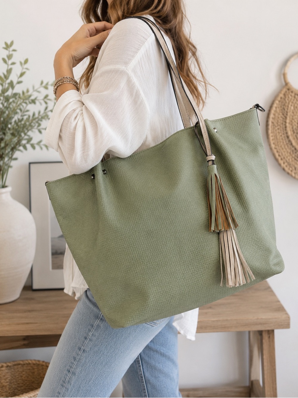 Sage Green Minimalist Tote Bag Tassel Shoulder Purse Large Boho Style